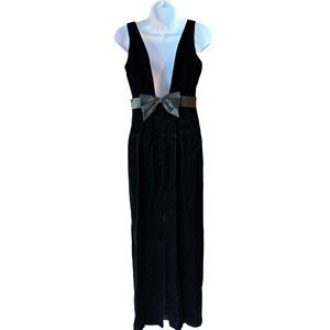 LAUNDRY By Shelli Segal Long Velvet Formal Evening Dress Bow Detail Black Sz 4